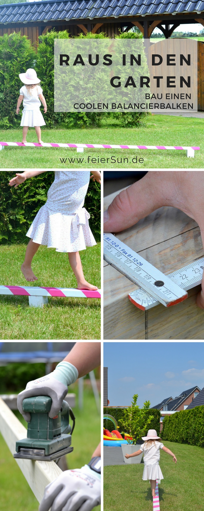 Möchtest du einen total coolen Balancierbalken super einfach selber machen? dann hab ich das perfekte DiY für Dich. Die einfache Anleitung für einen Balancierbalken ist unkompliziert und total variabel. Basteln für Kinder damit sie sich gut bewegen, für die Motorik und Gleichgewichtssinn. Eine einfache Anleitung für ein Spielgerät. | #feierSun #feierSunDIY #BauenfürKinder #Balancierbalken #Diy #Garten #Spielzeug 