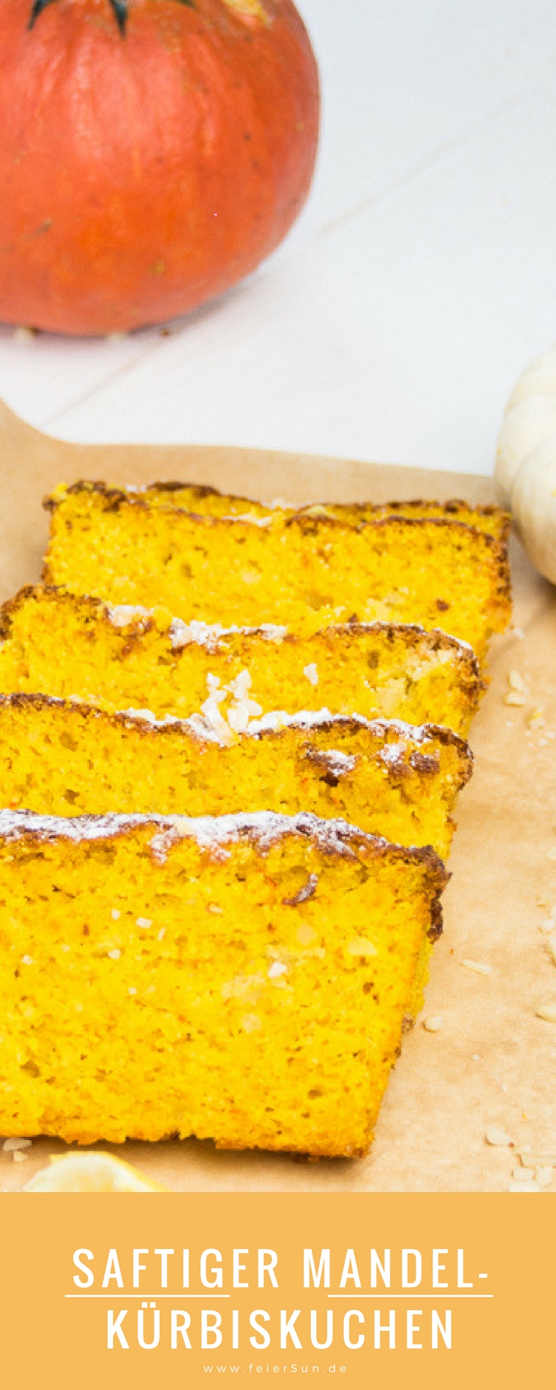 Der Herbst hat viele schöne Seiten. Auf feierSun.de gibt es ein #Rezept für KüRbiSkUChEn mit Mandeln und fast ganz ohne Mehl. Saftig, #lecker & #saisonal. #Kuchen und #Herbst auf feierSun.de super lecker und regional
