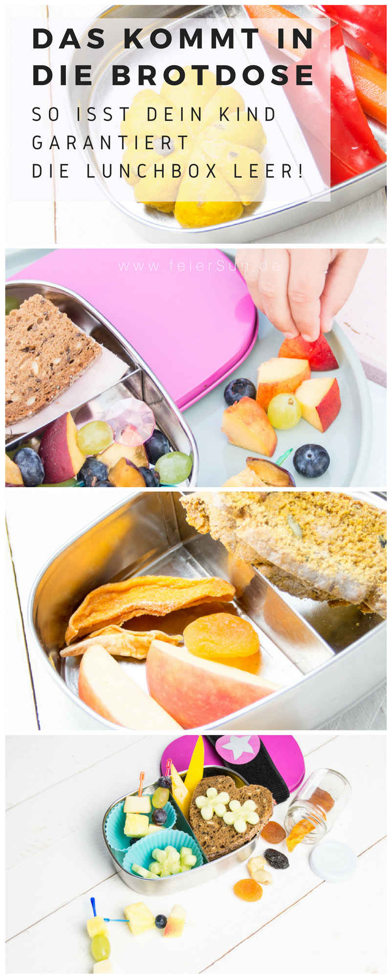 Du brauchst Inspiration dafür, was Du dem Kind in die #Lunchbox packst, damit es den Inhalt der #Brotdose auch isst? Dann hab ich hier viele Ideen, die auch wirklich gegessen werden. Das kommt bei uns rein und so isst auch Dein Kind seine #Brotbox leer! #Schule #KiGa #Kindergarten #gesundesEssen #Frühstück auf feierSun.de