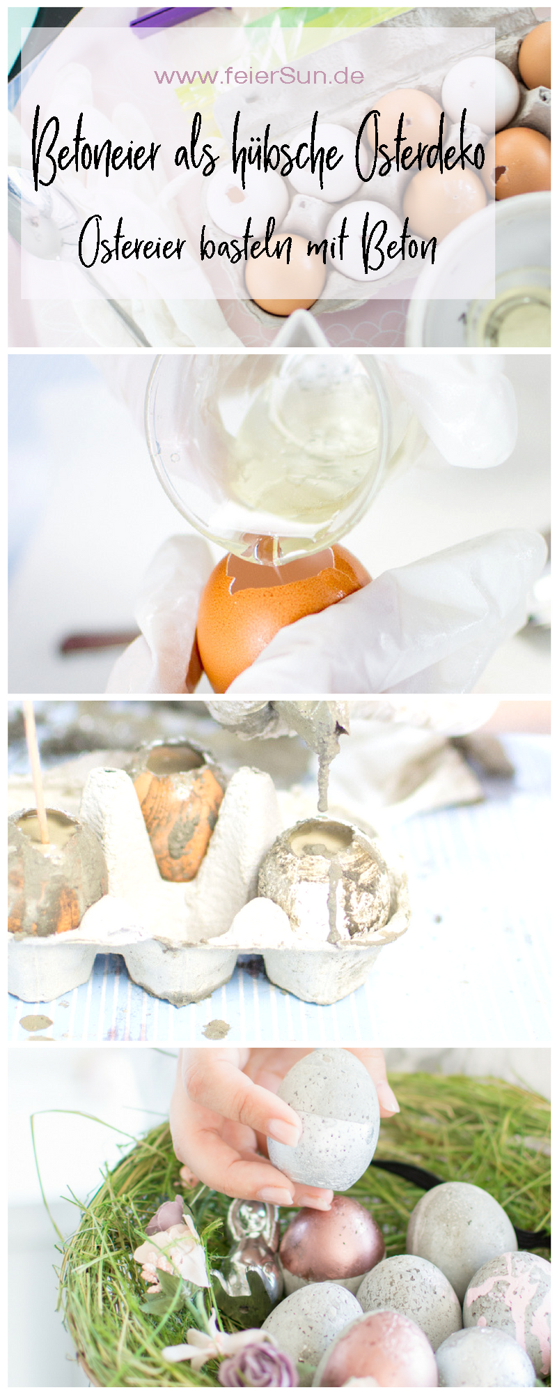 Moderne Osterdekoration aus Beton: Betoneier als ausgefallen Dekoration für den Frühling und Ostern. Basteln mit Beton ist ganz einfach und macht Freude. Osterdekoration einfach selber machen. Für Ostern basteln mit Kindern. Osterbasteln. Basteln für Ostern. Ostergeschenk. DIY Bastelanleitung. DiY | #feierSun #feierSunDiY #basteln #Ostern #Frühling #Springdeko #Spring #betondesign