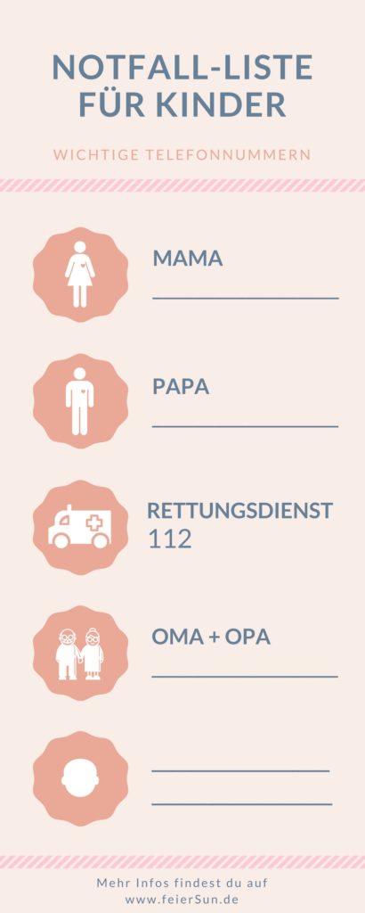 Notfall-Telefon-Liste mit den wichtigsten Telefonnummern damit auch ein Kind einen Notruf absetzen kann. Zum kostenloses Download als Free-Printable zum selber ausdrucken.