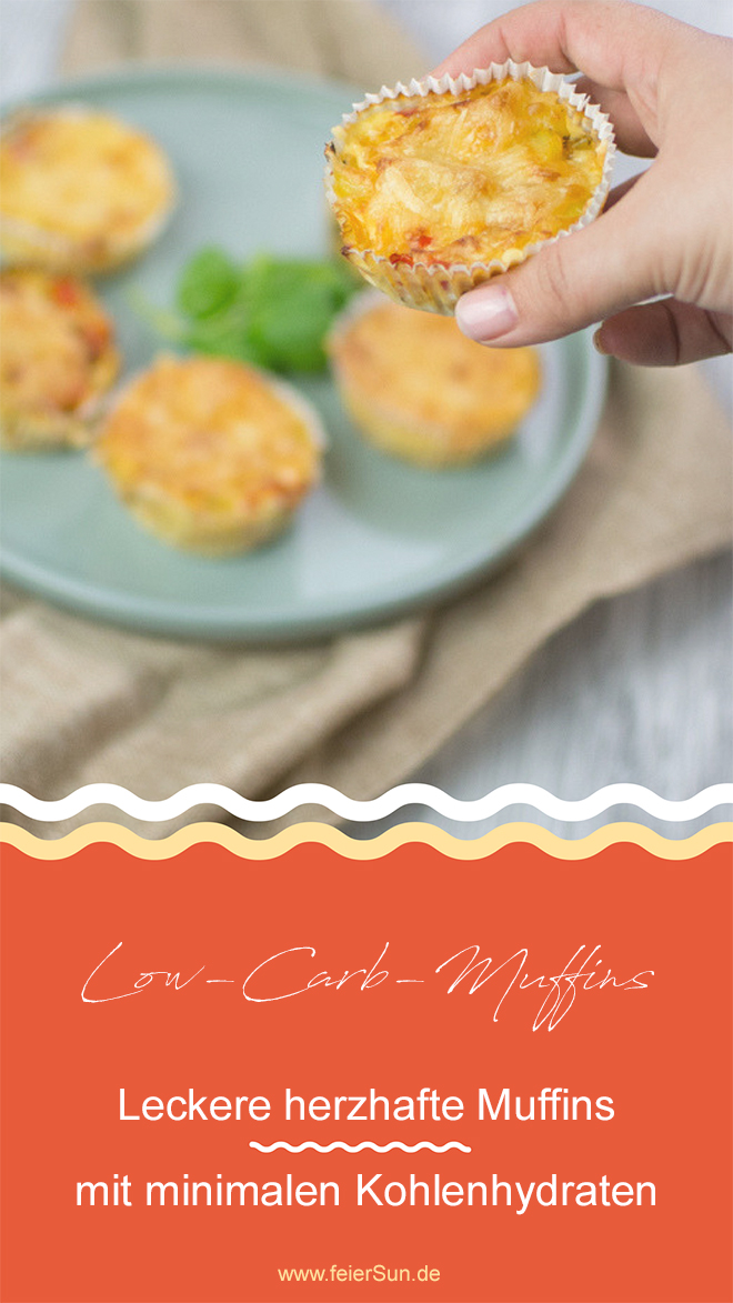 Die Hand greift sich einen leckeren Gemüsemuffin von einem grünen Teller. Auf der Grafik steht der Text "Low-Carb-Muffins - Leckere herzhafte Muffins mit minimalen Kohnelhydraten www.feiersun.de