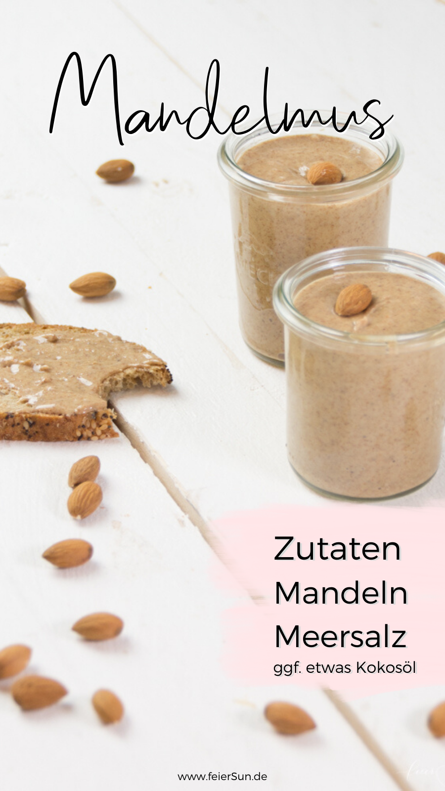 Selbermachen statt kaufen - gesund, lecker, vegan und sogar ohne unnötige Zusatzstoffe. Mandelmus bzw. Mandelbutter einfach selber machen. Das einfachste Rezept für Mandelbutter und Mandelmus findest Du auf #feierSun.de #feierSunFood #Rezept #Mandeln #Almond #2Zutaten 