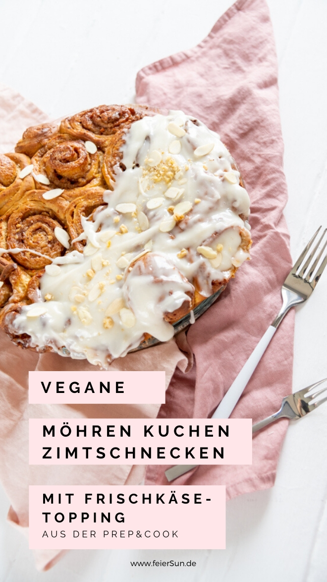 Diese hausgemachten Möhrenkuchen Zimtschnecken sind super lecker und einfach zuzubereitet! Vegan backen kann so einfach sein und 
Die warmen, weichen zimtigen Möhrenkuchenschnecken verströmten im ganzen Haus einen umwerfenden Duft. 

#feierSun #PrepandCook #carrotcake #veganbaking #vegancinnamonrolls #vegancreamcheesefrosting
