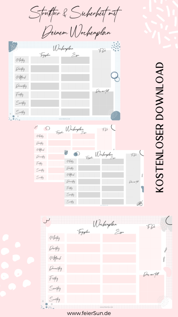 ✓ Kostenloser Download ✓ als PDF  ✓ verschiedene Designs ✓ Wochenplan Vorlage kostenlos:   Perfekt geeignet für alle, die den eigenen Tagesablauf planen wollen.  #feierSun #feierSunFreebie #wochenplan #designfreebie #kostenloserDownload