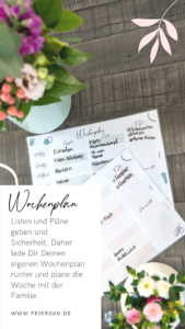 Nie mehr ohne Plan durch die Woche. Ob beim Einkaufen oder der Tagesgestaltung, mit diesem kostenlosen Wochenplan kannst Du easy die ganze Woche planen und weißt immer, was ansteht. Verzetteln war gestern. #feierSun #Wochenplan #freebie #kostenloserdownload
