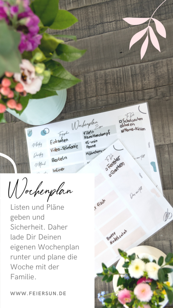 Nie mehr ohne Plan durch die Woche. Ob beim Einkaufen oder der Tagesgestaltung, mit diesem kostenlosen Wochenplan kannst Du easy die ganze Woche planen und weißt immer, was ansteht. Verzetteln war gestern. #feierSun #Wochenplan #freebie #kostenloserdownload