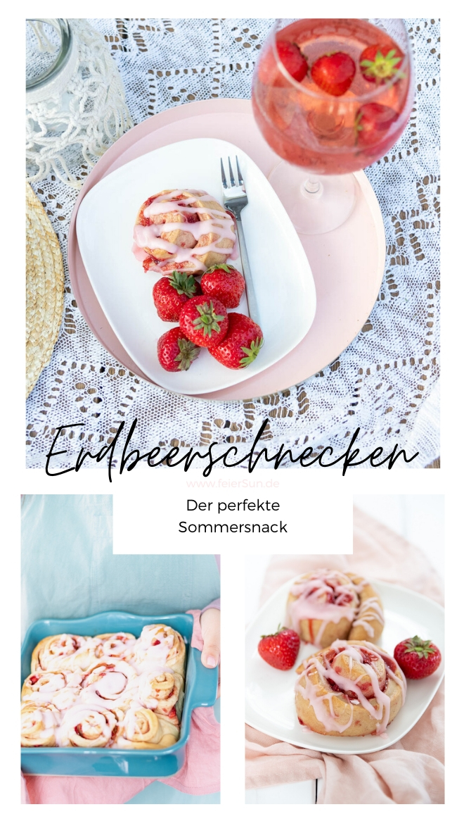 Diese sommerlichen, saftigen, weichen Hefeschnecken sind mit ihrer fruchtig-sommerliche Füllung aus frischen Erdbeeren und dem frischen Zuckerguss der perfekte Sommersnack. Erdbeer-Schnecken#feierSun #feierSunFood #Sommersnack #Erdbeerschnecken